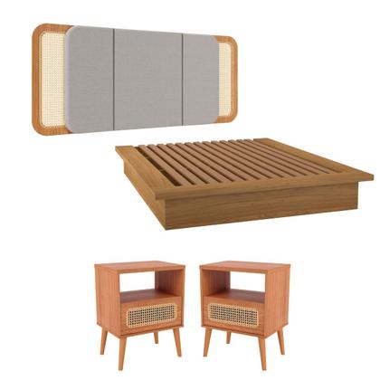 Imagem de Kit Quarto Completo Cama Cabeceira 2 Mesas Lateral com Palha Natural MDF Freijó Dalla Costa
