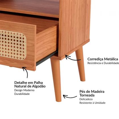 Imagem de Kit Quarto Completo Cama Cabeceira 2 Mesas Lateral com Palha Natural MDF Freijó Dalla Costa