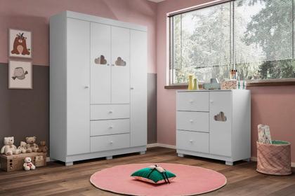 Imagem de Kit Quarto Infantil Bebê Ane Detalhe Nuvem Cômoda 3 Gavetas E Guarda Roupa 4 Portas 3 Gavetas Branco - Phoenix Baby