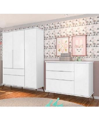 Imagem de Kit Quarto Infantil Bebê Melinda Retrô Com Pés Cômoda 3 Gavetas E Guarda Roupa 3 Portas 2 Gavetas Branco - Phoenix Baby