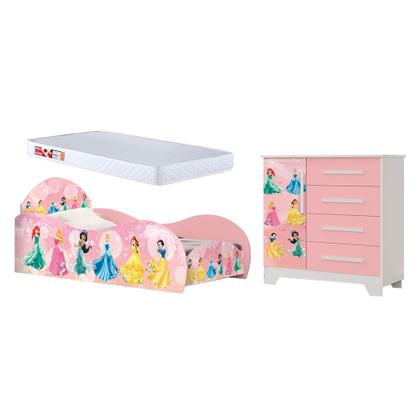 Imagem de Kit Quarto Infantil Carros - Cama Solteiro Proteção Lateral com Colchão e Comoda Mdf - Rosa