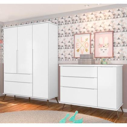 Imagem de Kit Quarto Infantil Guarda Roupa 3 Portas e Cômoda Branco