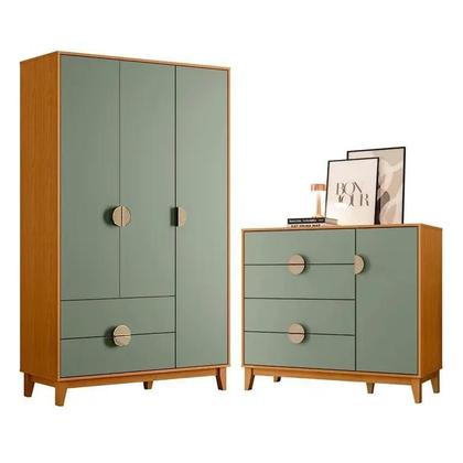 Imagem de Kit Quarto Infantil Ipe Guarda Roupa 3 Portas 2 Gavetas Comoda 1 Porta 4 Gavetas Cinamomo/Salvia