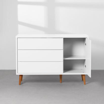 Imagem de Kit Quarto Infantil Theo com Pés Retrô Mel - Berço + Cômoda 3 Gavetas e 1 Porta - Branco Fosco