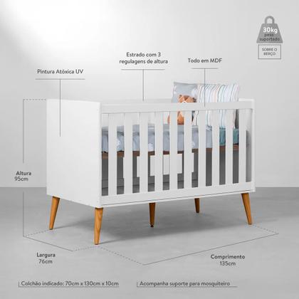 Imagem de Kit Quarto Infantil Theo com Pés Retrô Mel - Berço + Cômoda 6 Gavetas + Guarda-Roupa 2 Portas - Branco Fosco