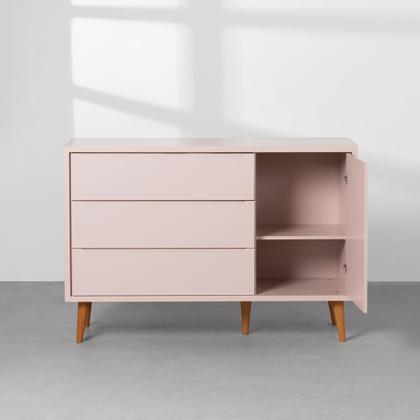 Imagem de Kit Quarto Infantil Theo com Pés Retrô Mel - Berço + Guarda-Roupa 3 Portas + Cômoda 3 Gavetas e 1 Porta - Rosa