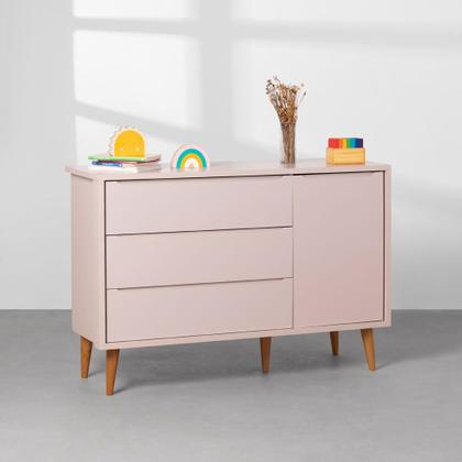 Imagem de Kit Quarto Infantil Theo com Pés Retrô Mel - Berço + Guarda-Roupa 3 Portas + Cômoda 3 Gavetas e 1 Porta - Rosa