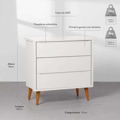 Imagem de Kit Quarto Infantil Theo com Pés Retrô Natural - Berço + Cômoda 3 Gavetas + Guarda-Roupa 3 Portas + Poltrona e Puff Lola - Branco Fosco