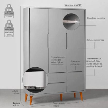 Imagem de Kit Quarto Infantil Theo com Pés Retrô Natural - Berço + Cômoda 6 Gavetas + Guarda-Roupa 3 Portas + Poltrona e Puff Capri - Branco Fosco