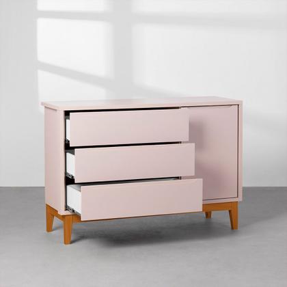 Imagem de Kit Quarto Infantil Theo com Pés Square Mel - Berço + Cômoda 3 Gavetas e 1 Porta + Guarda-Roupa 3 Portas - Rosa