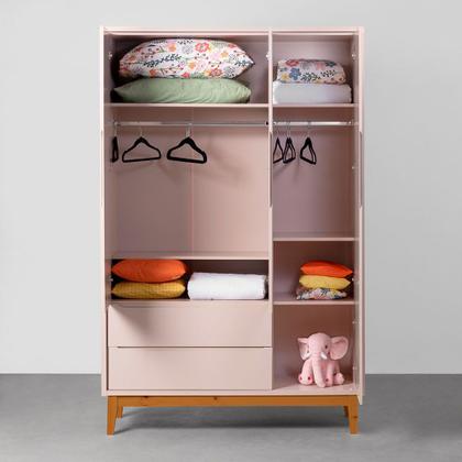 Imagem de Kit Quarto Infantil Theo com Pés Square Mel - Berço + Cômoda 3 Gavetas e 1 Porta + Guarda-Roupa 3 Portas - Rosa