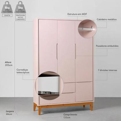 Imagem de Kit Quarto Infantil Theo com Pés Square Mel - Berço + Cômoda 3 Gavetas e 1 Porta + Guarda-Roupa 3 Portas - Rosa