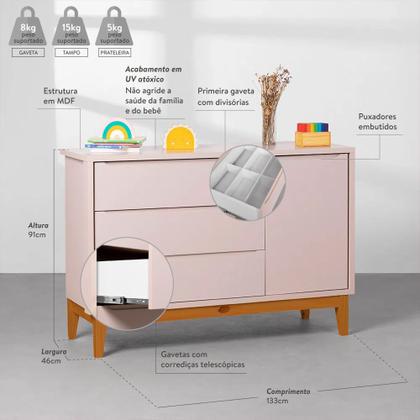 Imagem de Kit Quarto Infantil Theo com Pés Square Mel - Berço + Cômoda 3 Gavetas e 1 Porta + Guarda-Roupa 3 Portas - Rosa