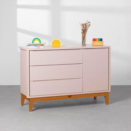 Imagem de Kit Quarto Infantil Theo com Pés Square Mel - Berço + Cômoda 3 Gavetas e 1 Porta + Guarda-Roupa 3 Portas - Rosa