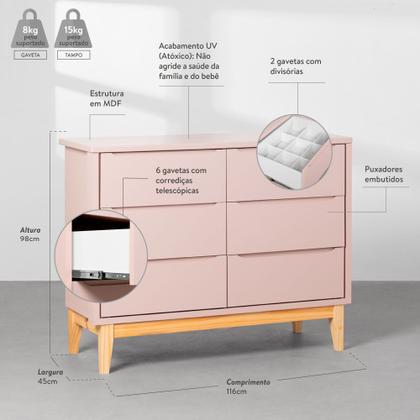 Imagem de Kit Quarto Infantil Theo com Pés Square Mel - Berço + Cômoda 6 Gavetas + Guarda-Roupa 2 Portas + Poltrona e Puff Capri - Branco Fosco