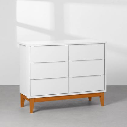 Imagem de Kit Quarto Infantil Theo com Pés Square Mel - Berço + Cômoda 6 Gavetas + Guarda-Roupa 2 Portas + Poltrona e Puff Capri - Branco Fosco