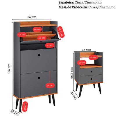 Imagem de Kit Quarto Sapateira Vertical 3 Gavetas Basculantes Dark e Mesinha Lateral Pequena Nicho Organizador Dream Cinza/Cinamomo  RPM
