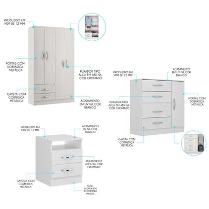 Imagem de Kit Quarto Solteiro com Guarda Roupa Cômoda Mesa Cabeceira Branco