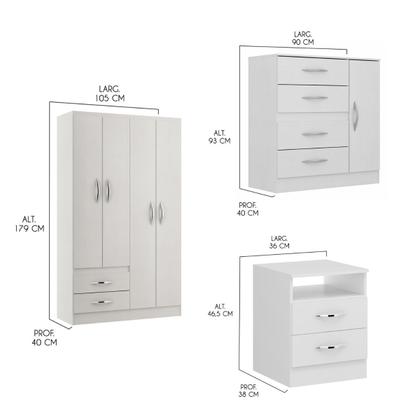 Imagem de Kit Quarto Solteiro com Guarda Roupa Cômoda Mesa Cabeceira Branco