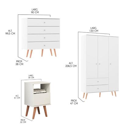 Imagem de Kit Quarto Solteiro Retrô com Guarda-Roupa Cômoda Mesa Branco