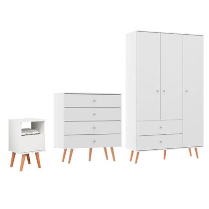 Imagem de Kit Quarto Solteiro Retrô com Guarda-Roupa Cômoda Mesa Branco