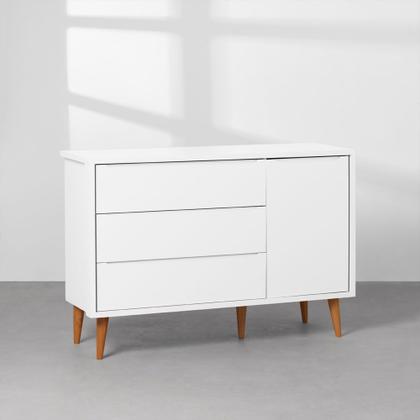 Imagem de Kit Quarto Theo com Pés Retrô Mel - Berço + Cômoda 3 Gavetas e 1 Porta + Guarda-Roupa 3 Portas - Branco