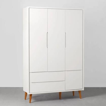 Imagem de Kit Quarto Theo com Pés Retrô Mel - Berço + Cômoda 3 Gavetas e 1 Porta + Guarda-Roupa 3 Portas - Branco