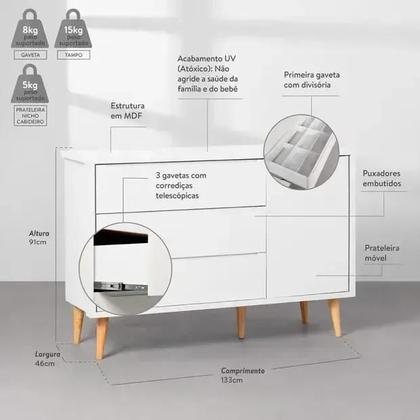 Imagem de Kit Quarto Theo com Pés Retrô Mel - Berço + Cômoda 3 Gavetas e 1 Porta + Guarda-Roupa 3 Portas + Poltrona de Amamentação Capri com Puff - Branco