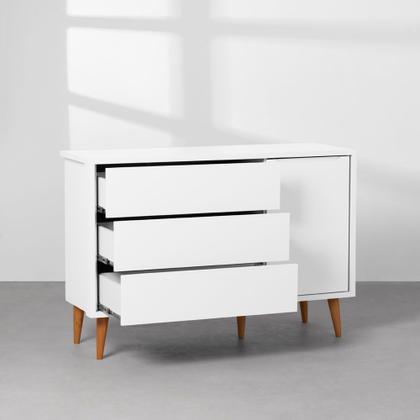 Imagem de Kit Quarto Theo com Pés Retrô Mel - Berço + Cômoda 3 Gavetas e 1 Porta + Guarda-Roupa 3 Portas + Poltrona de Amamentação Capri com Puff - Branco