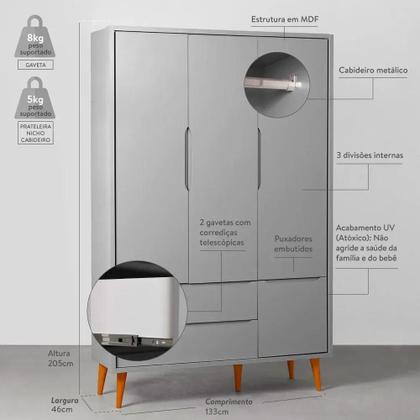 Imagem de Kit Quarto Theo com Pés Retrô Mel - Berço + Cômoda 3 Gavetas e 1 Porta + Guarda-Roupa 3 Portas + Poltrona de Amamentação Capri com Puff - Branco