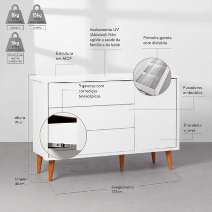 Imagem de Kit Quarto Theo com Pés Retrô Mel - Berço + Cômoda 3 Gavetas e 1 Porta + Poltrona de Amamentação Lola com Puff - Branco