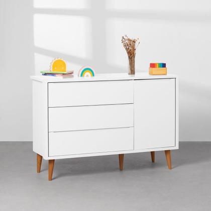 Imagem de Kit Quarto Theo com Pés Retrô Mel - Berço + Cômoda 3 Gavetas e 1 Porta + Poltrona de Amamentação Lola com Puff - Branco