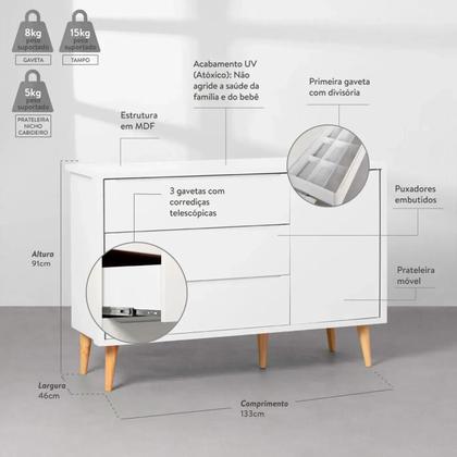 Imagem de Kit Quarto Theo com Pés Retrô Natural - Berço + Cômoda 3 Gavetas e 1 Porta + Guarda-Roupa 2 Portas + Poltrona de Amamentação Lola com Puff - Branco