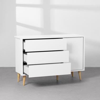 Imagem de Kit Quarto Theo com Pés Retrô Natural - Berço + Cômoda 3 Gavetas e 1 Porta + Guarda-Roupa 3 Portas + Poltrona de Amamentação Capri com Puff - Branco