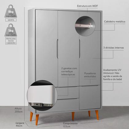 Imagem de Kit Quarto Theo com Pés Retrô Natural - Berço + Cômoda 3 Gavetas e 1 Porta + Guarda-Roupa 3 Portas + Poltrona de Amamentação Lola com Puff - Branco