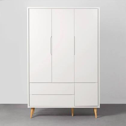 Imagem de Kit Quarto Theo com Pés Retrô Natural - Berço + Cômoda 3 Gavetas e 1 Porta + Guarda-Roupa 3 Portas + Poltrona de Amamentação Lola com Puff - Branco