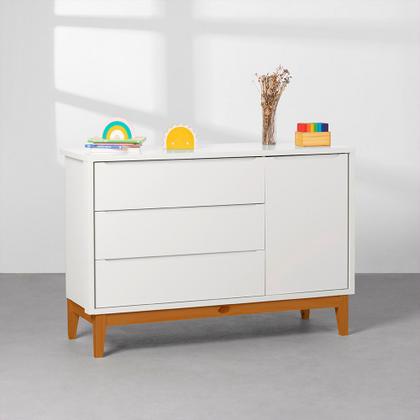 Imagem de Kit Quarto Theo com Pés Square Mel - Berço + Cômoda 3 Gavetas e 1 Porta + Guarda-Roupa 2 Portas + Poltrona de Amamentação Lola com Puff - Branco