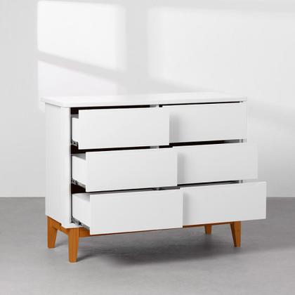 Imagem de Kit Quarto Theo com Pés Square Mel - Berço + Cômoda 6 Gavetas + Guarda-Roupa 3 Portas + Poltrona de Amamentação Capri com Puff - Branco