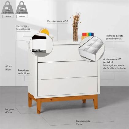 Imagem de Kit Quarto Theo com Pés Square Mel - Berço Mini Cama + Cômoda 3 Gavetas + Guarda-Roupa 3 Portas + Poltrona de Amamentação com Puff Capri - Branco