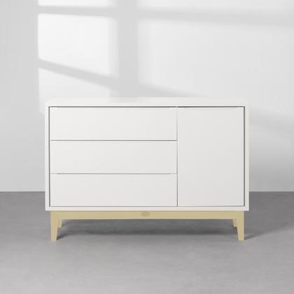 Imagem de Kit Quarto Theo com Pés Square Natural - Berço + Cômoda 3 Gavetas e 1 Porta + Guarda-Roupa 3 Portas + Poltrona de Amamentação Capri com Puff - Branco