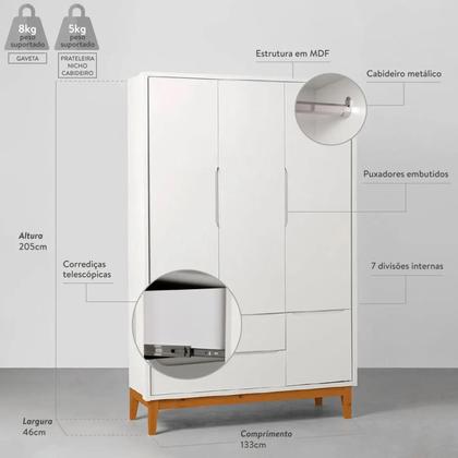 Imagem de Kit Quarto Theo com Pés Square Natural - Berço + Cômoda 3 Gavetas e 1 Porta + Guarda-Roupa 3 Portas + Poltrona de Amamentação Capri com Puff - Branco