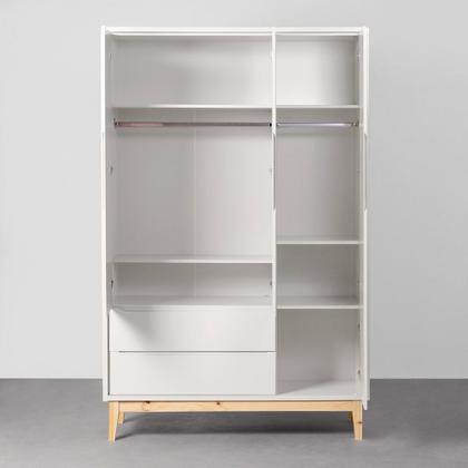 Imagem de Kit Quarto Theo com Pés Square Natural - Berço + Cômoda 3 Gavetas e 1 Porta + Guarda-Roupa 3 Portas + Poltrona de Amamentação Capri com Puff - Branco