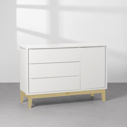 Imagem de Kit Quarto Theo com Pés Square Natural - Berço + Cômoda 3 Gavetas e 1 Porta + Poltrona de Amamentação Lola com Puff - Branco