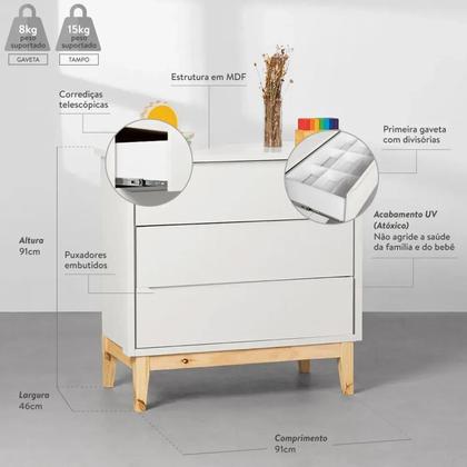 Imagem de Kit Quarto Theo com Pés Square Natural - Berço+ Cômoda 3 Gavetas + Guarda-Roupa 2 Portas + Poltrona de Amamentação Lola com Puff - Branco e Cru