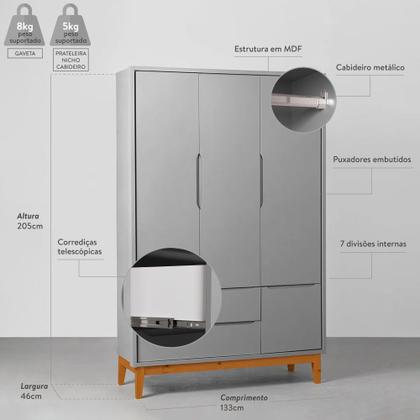 Imagem de Kit Quarto Theo com Pés Square Natural - Berço Mini Cama + Cômoda 3 Gavetas e 1 Porta + Guarda-Roupa + Poltrona de Amamentação Lola com Puff - Branco