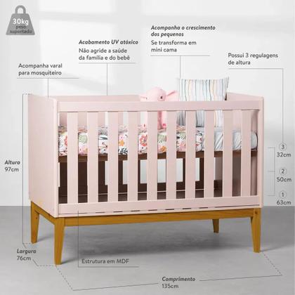 Imagem de Kit Quarto Theo com Pés Square Natural - Berço Mini Cama + Cômoda 3 Gavetas + Poltrona de Amamentação Lola com Puff - Branco