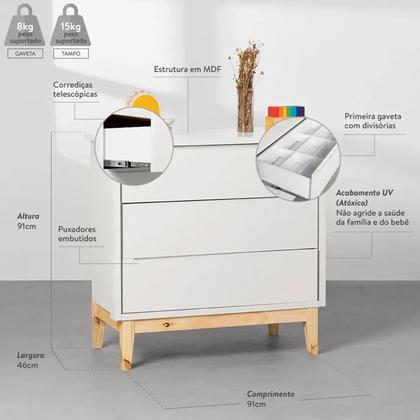 Imagem de Kit Quarto Theo com Pés Square Natural - Berço Mini Cama + Cômoda 3 Gavetas + Poltrona de Amamentação Lola com Puff - Branco