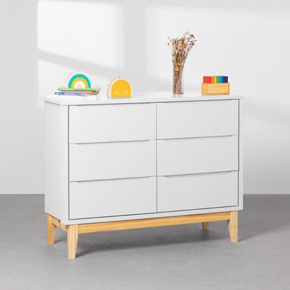 Imagem de Kit Quarto Theo com Pés Square Natural - Berço Mini Cama + Cômoda 6 Gavetas + Guarda-Roupa 2 Portas + Poltrona de Amamentação com Puff Capri - Branco