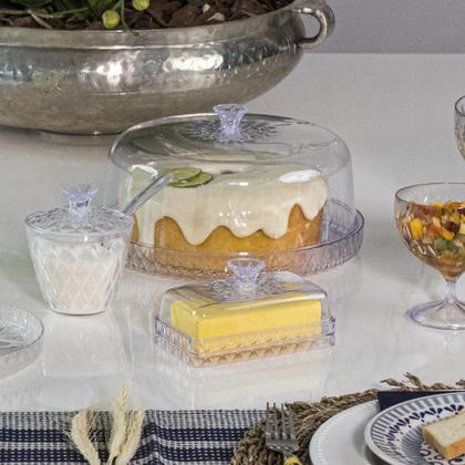 Imagem de Kit Queijeira Açucareiro Acrílico Mesa Posta Glamour Com Tampa Colher Porta Queijo Açúcar Cozinha