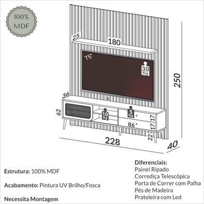 Imagem de Kit Rack + Painel com Fita LED Ripado para TV 228cm com 01 porta com tela Palhinha 100% MDF TB323F Dalla Costa